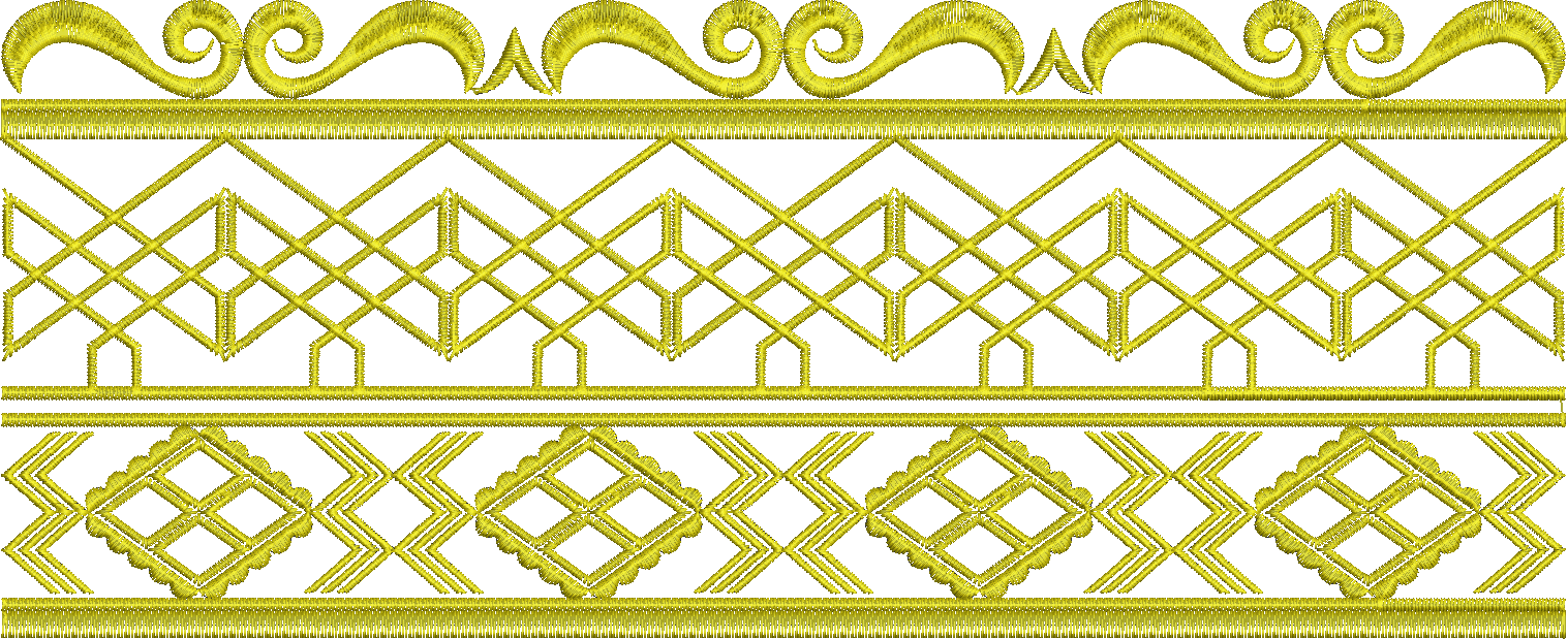 Embroidery design: A symmetrical, repeating gold embroidery border with three sections: ornate scrollwork at the top, a geometric lattice i