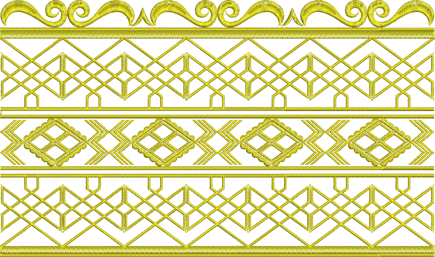 Embroidery design: A golden embroidery design featuring a decorative top border with scrollwork, followed by two geometric bands with latti