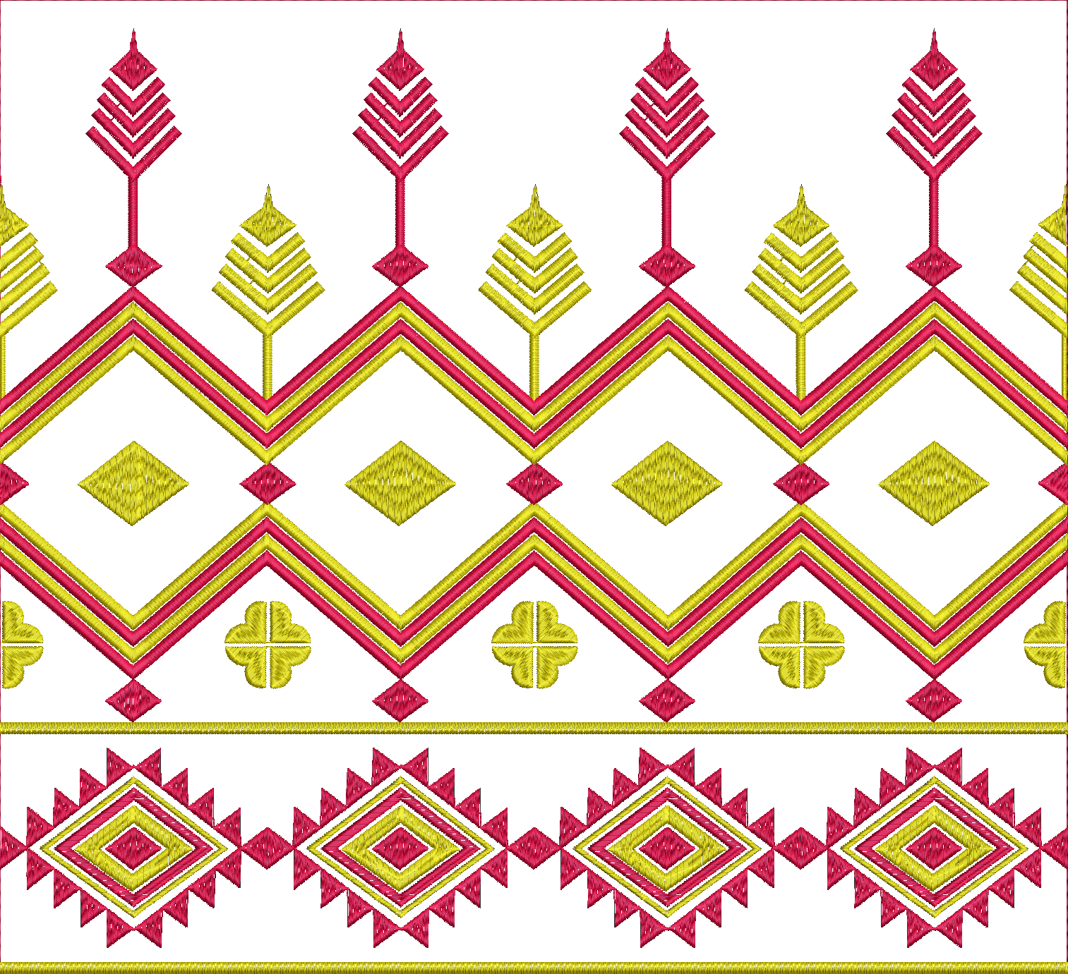 Embroidery design: A repeating ethnic-style border design with geometric motifs, featuring diamond and chevron patterns in red and yellow o