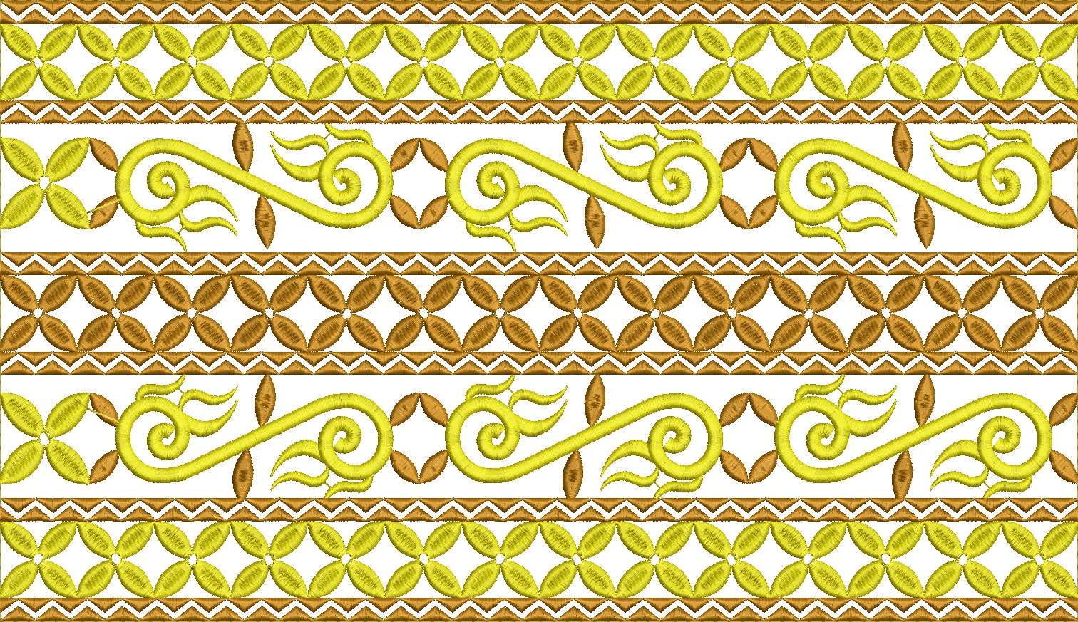 Embroidery design: A horizontal embroidery border design with repeating bands of geometric zigzag, stylized floral/diamond motifs, and gold