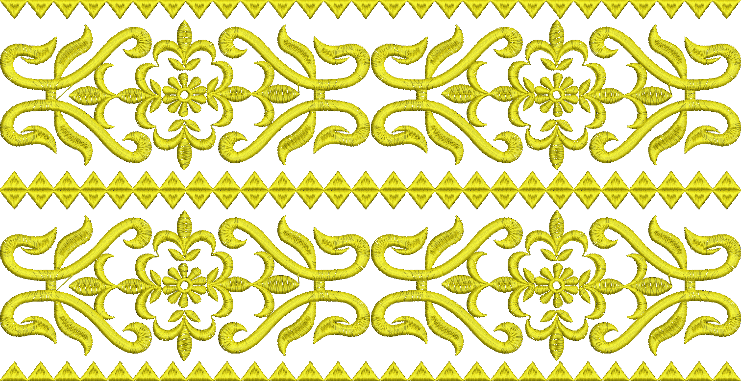 Embroidery design: A yellow embroidery border design featuring repeating symmetrical floral and scrollwork motifs with geometric diamond el