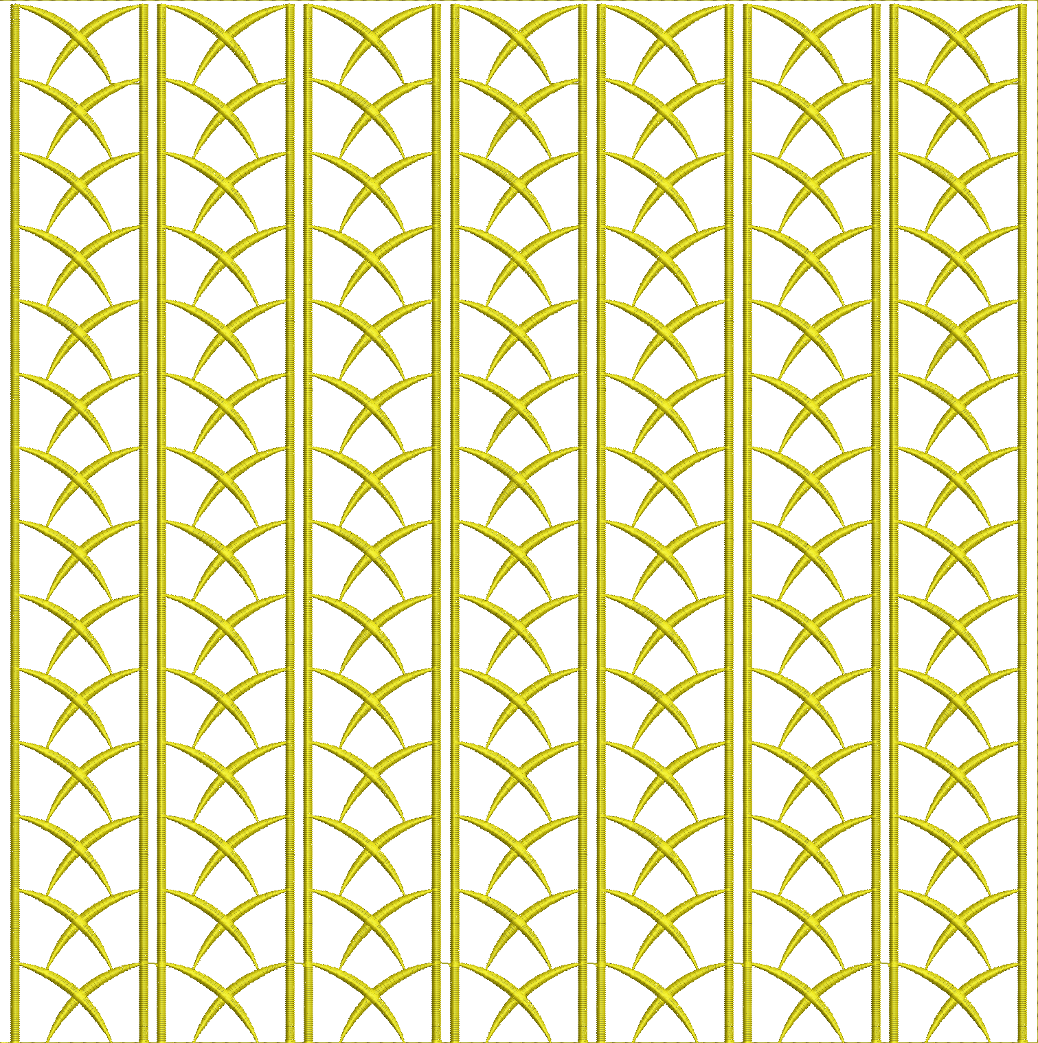 Embroidery design: A repeating pattern of golden arched shapes within vertical golden bars, creating a symmetrical and ornamental design.