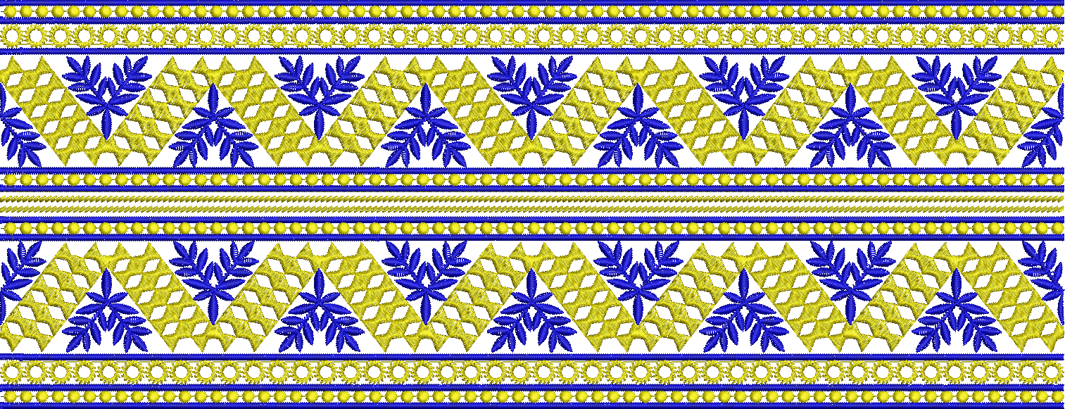 Embroidery design: A horizontal embroidery border design featuring repeating patterns of royal blue leaves and golden yellow diamonds, with