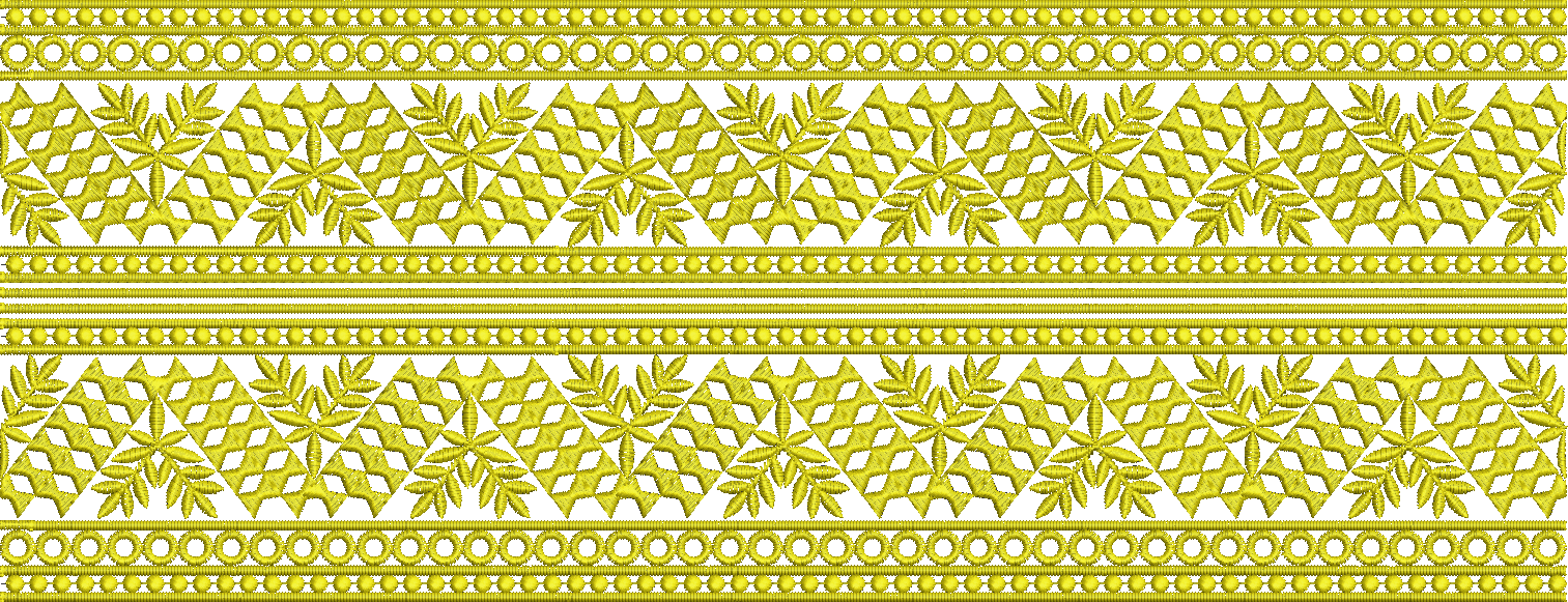 Embroidery design: A repeating decorative border embroidery design featuring yellow geometric and floral motifs with symmetrical leaf and f