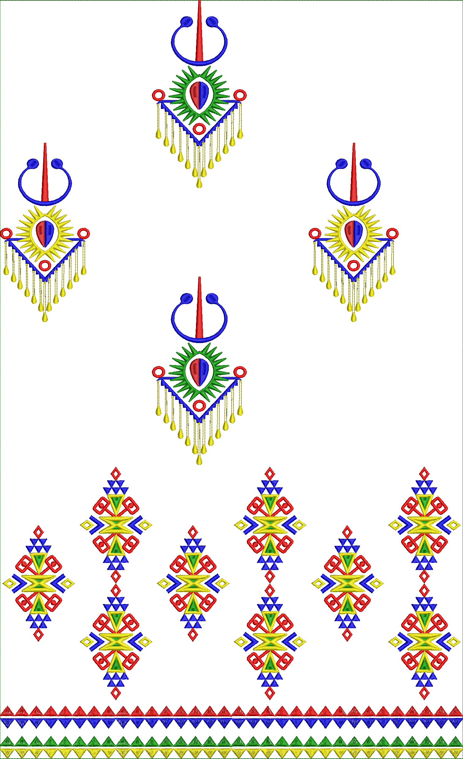 Embroidery design: An ornamental and ethnic-style embroidery design featuring symmetrical medallion motifs and a repeating geometric diamon