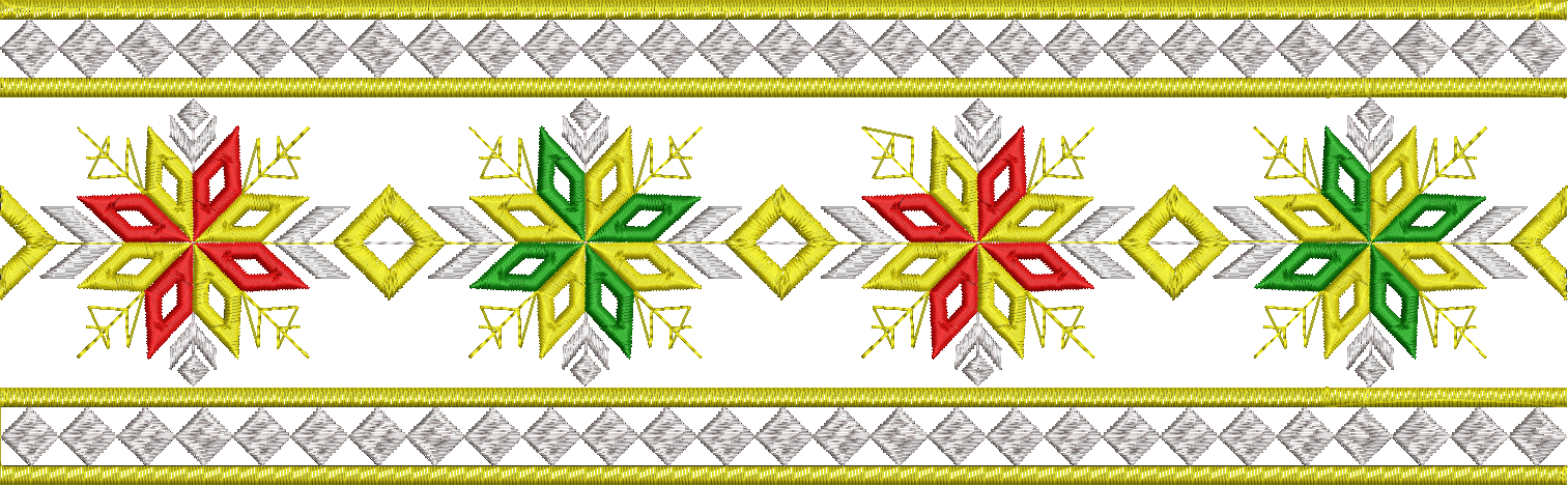 Embroidery design: A repeating decorative border with symmetrical, star-like geometric motifs in red, green, yellow, silver, and gold.