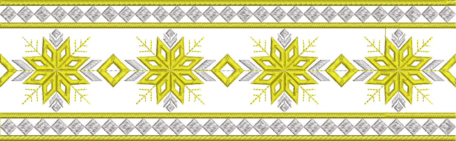 Embroidery design: A decorative, repeating horizontal border design featuring gold and silver geometric snowflakes and diamond shapes with 
