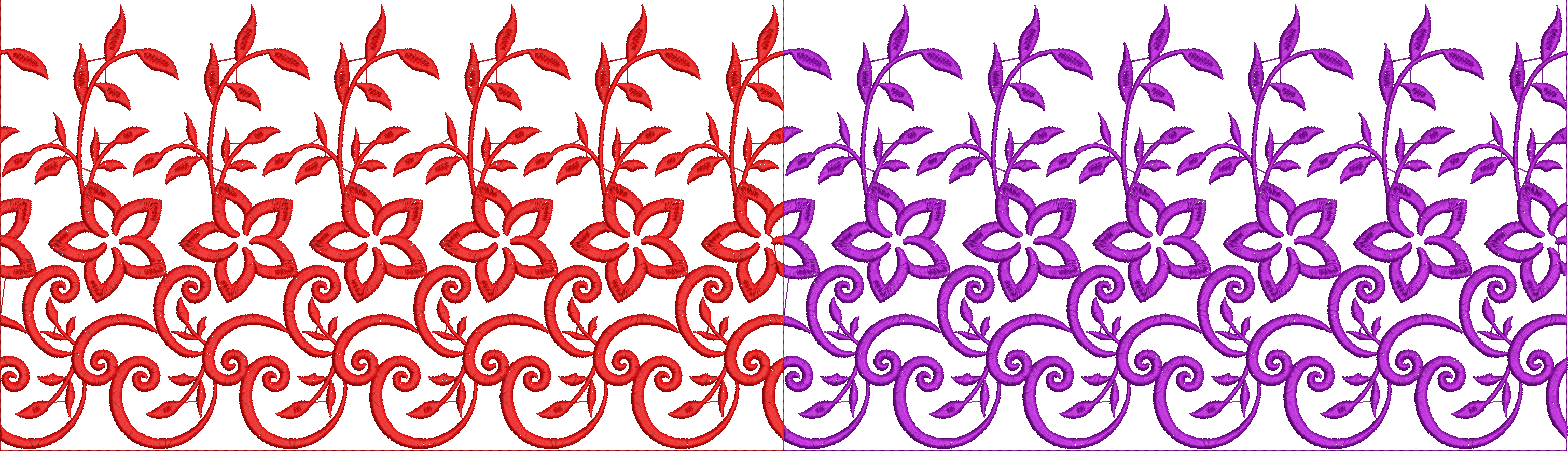 Embroidery design: A repeating, symmetrical, and mirrored border design in red and purple. The design features stylized floral elements wit