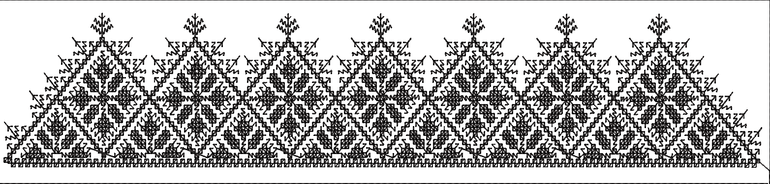 Embroidery design: A black and white embroidery design featuring a repeating geometric border with snowflake-like motifs and a base trim of