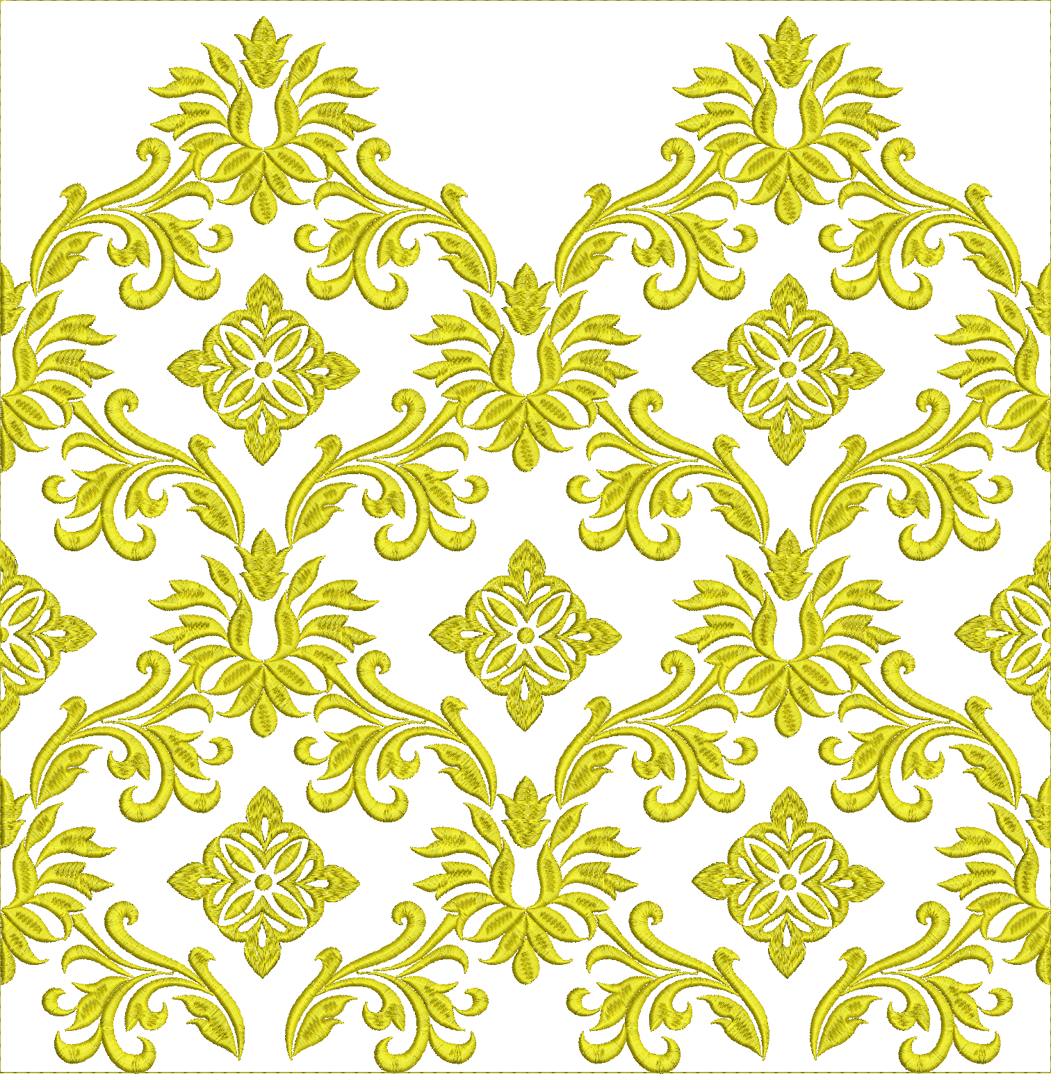 Embroidery design: A repeating, all-over embroidery design with golden yellow thread on a white background. The pattern features stylized f