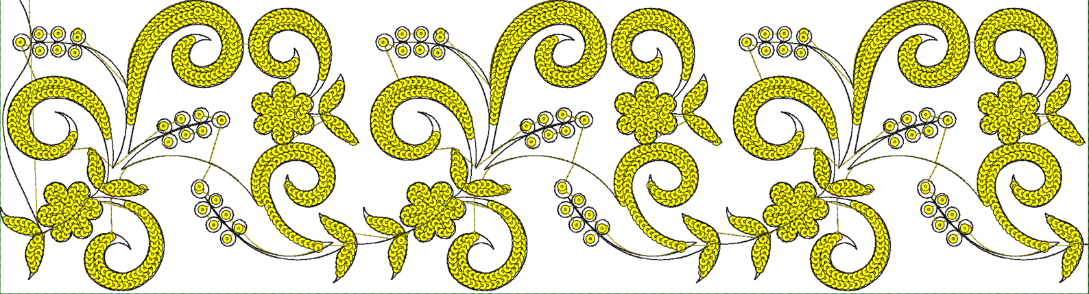 Embroidery design: A repeating decorative border design with yellow floral and scrollwork elements, featuring vines, leaves, and flowers, o