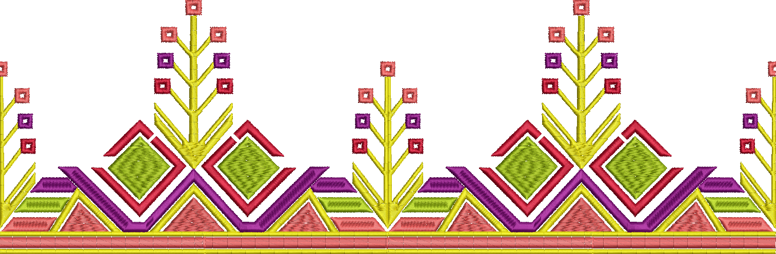 Embroidery design: A repeating geometric border embroidery design with traditional and ethnic influences, featuring symmetrical diamond mot