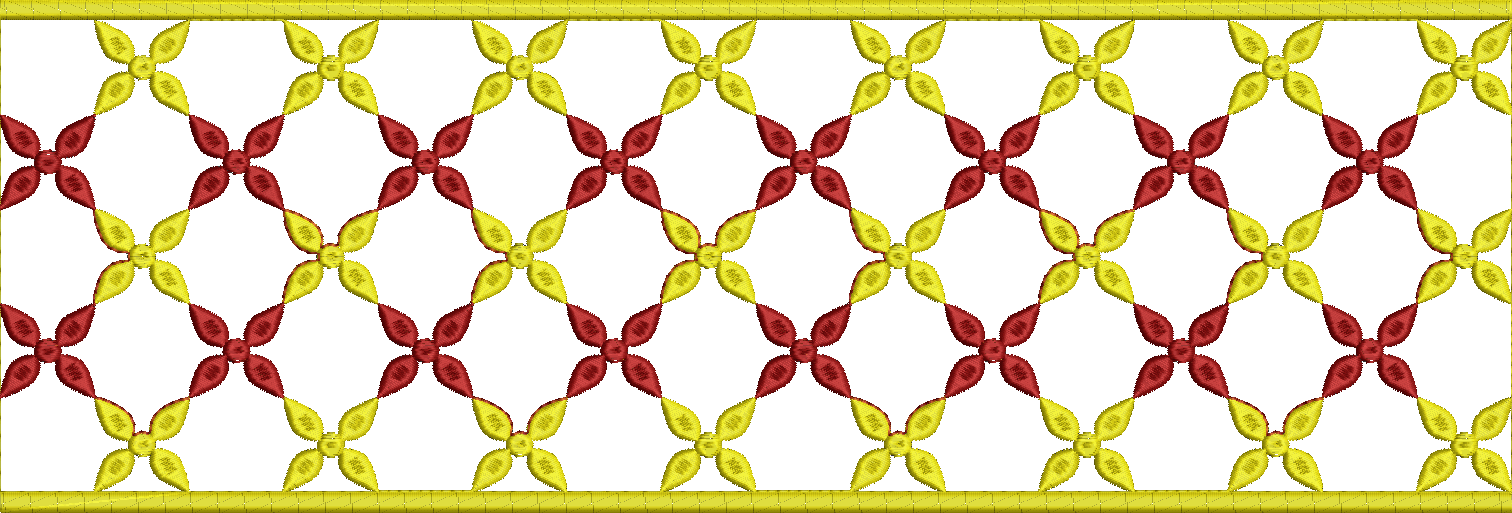 Embroidery design: A decorative border embroidery design with a repeating geometric lattice pattern in red and yellow with gold trim.