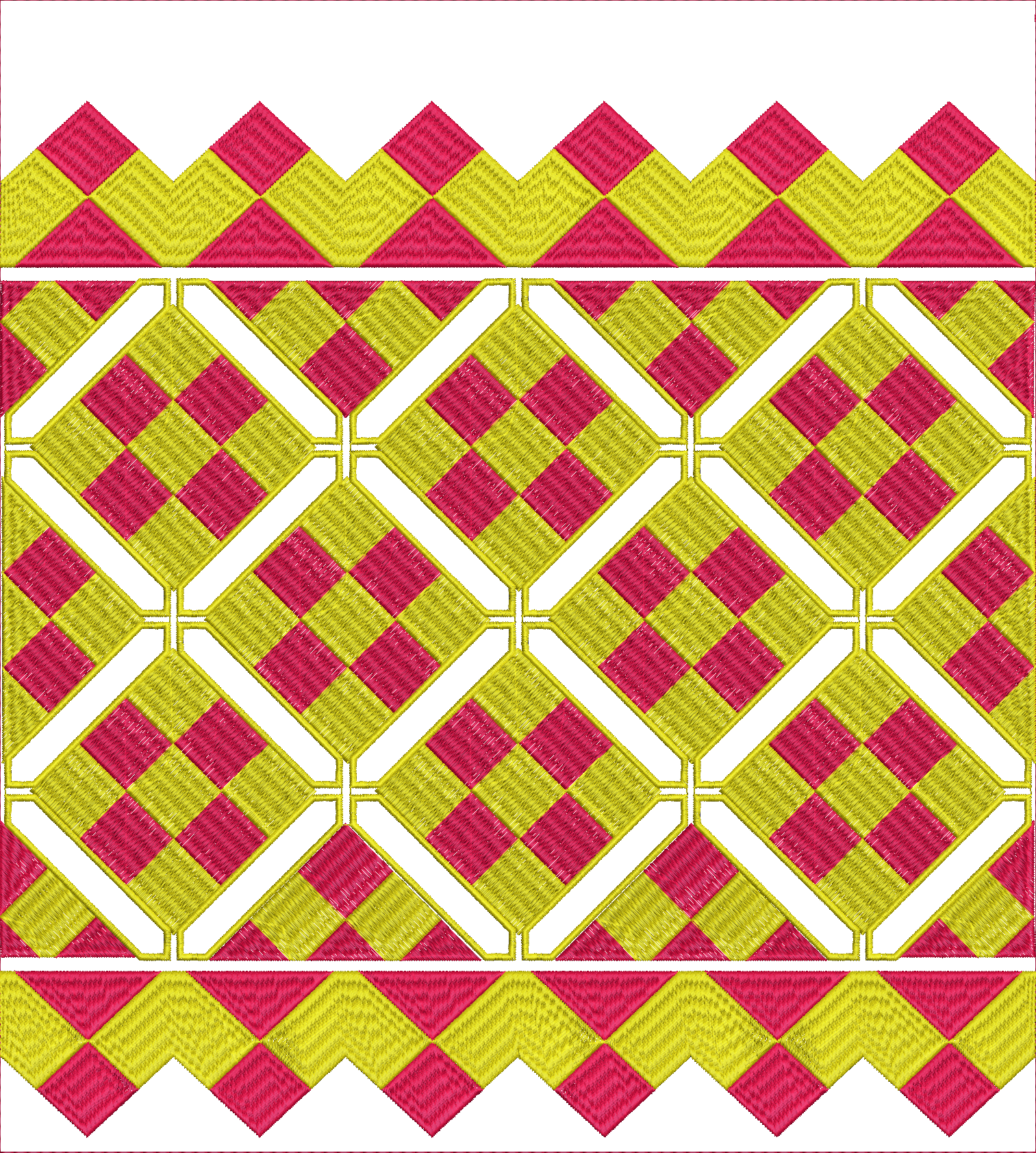 Embroidery design: A decorative border embroidery design featuring a repeating diamond pattern in yellow and pink with gold outlines.