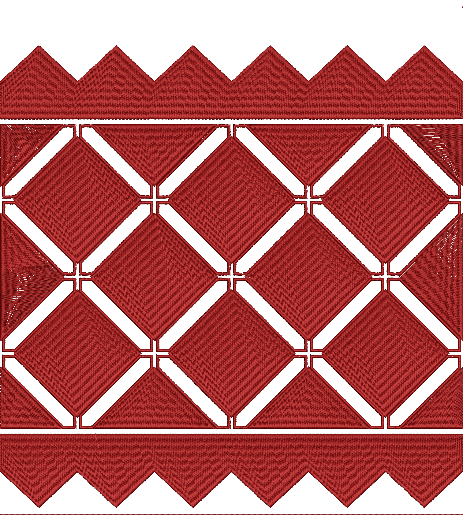 Embroidery design: A red embroidery design featuring a repeating geometric lattice pattern with diamond shapes, suitable as a border or tri