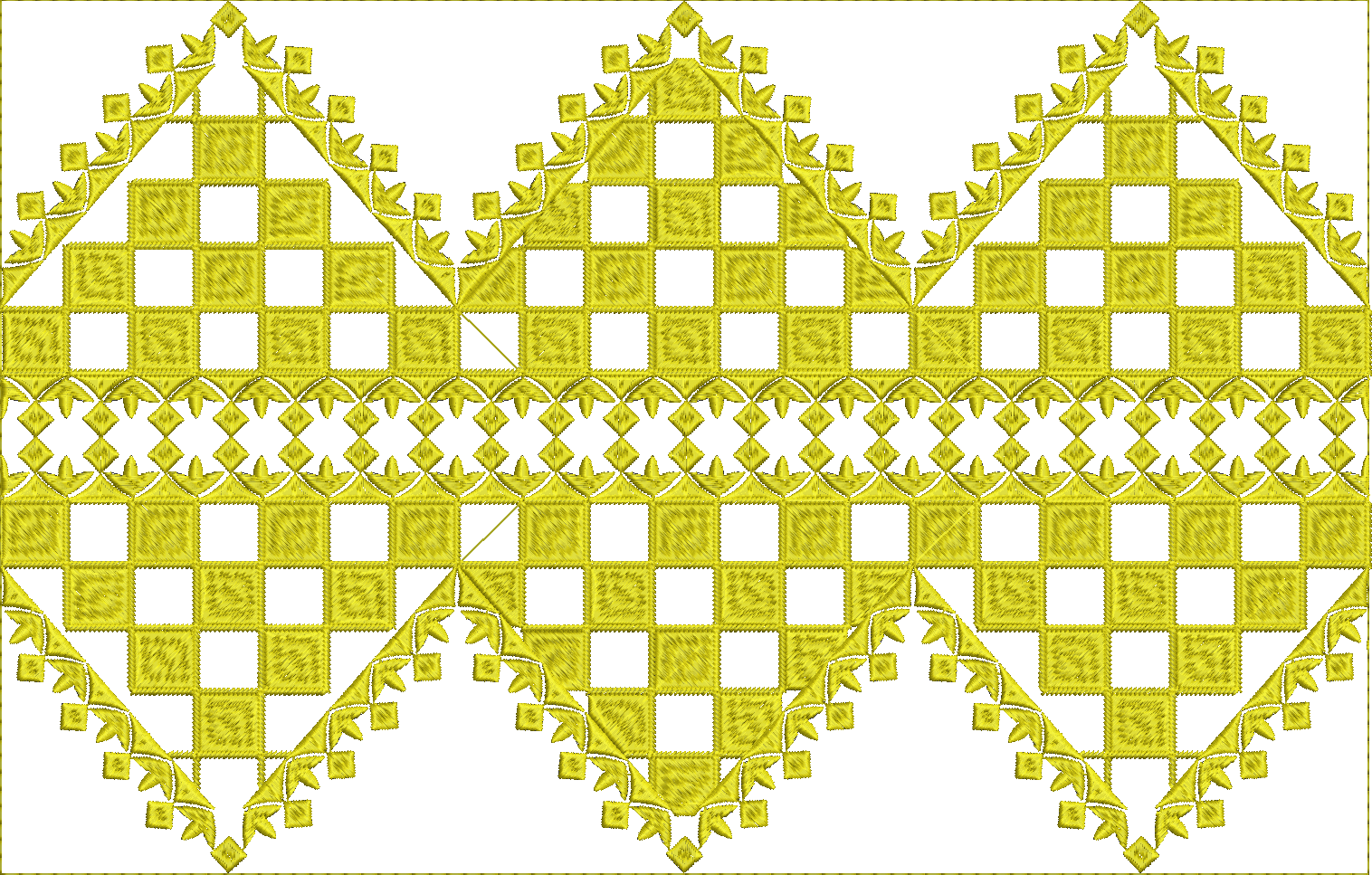 Embroidery design: A decorative embroidery design featuring a repeating geometric pattern of golden yellow squares in a checkerboard format