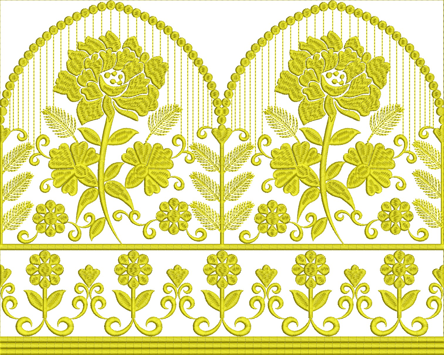 Embroidery design: A yellow embroidery design featuring a repeating floral and vine border with botanical and ornamental elements, arranged