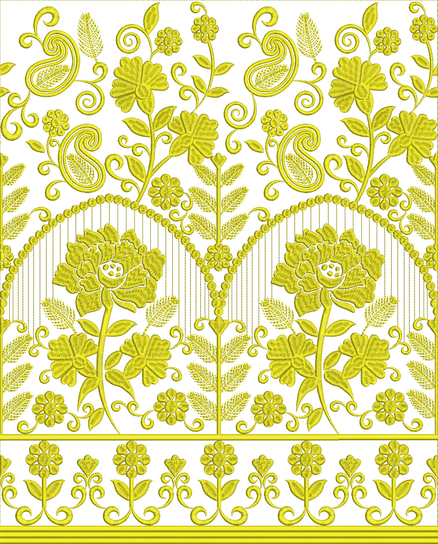 Embroidery design: A repeating yellow embroidery design featuring floral and paisley motifs, suitable for a traditional or ornamental borde