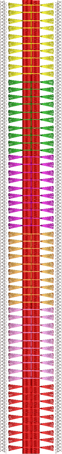 Embroidery design: A symmetrical, vertical embroidery design with a central red column, alternating horizontal colored brush strokes (yello