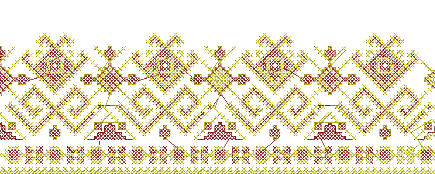 Embroidery design: A decorative border embroidery design with repeating geometric and diamond motifs in maroon and gold, featuring a tradit