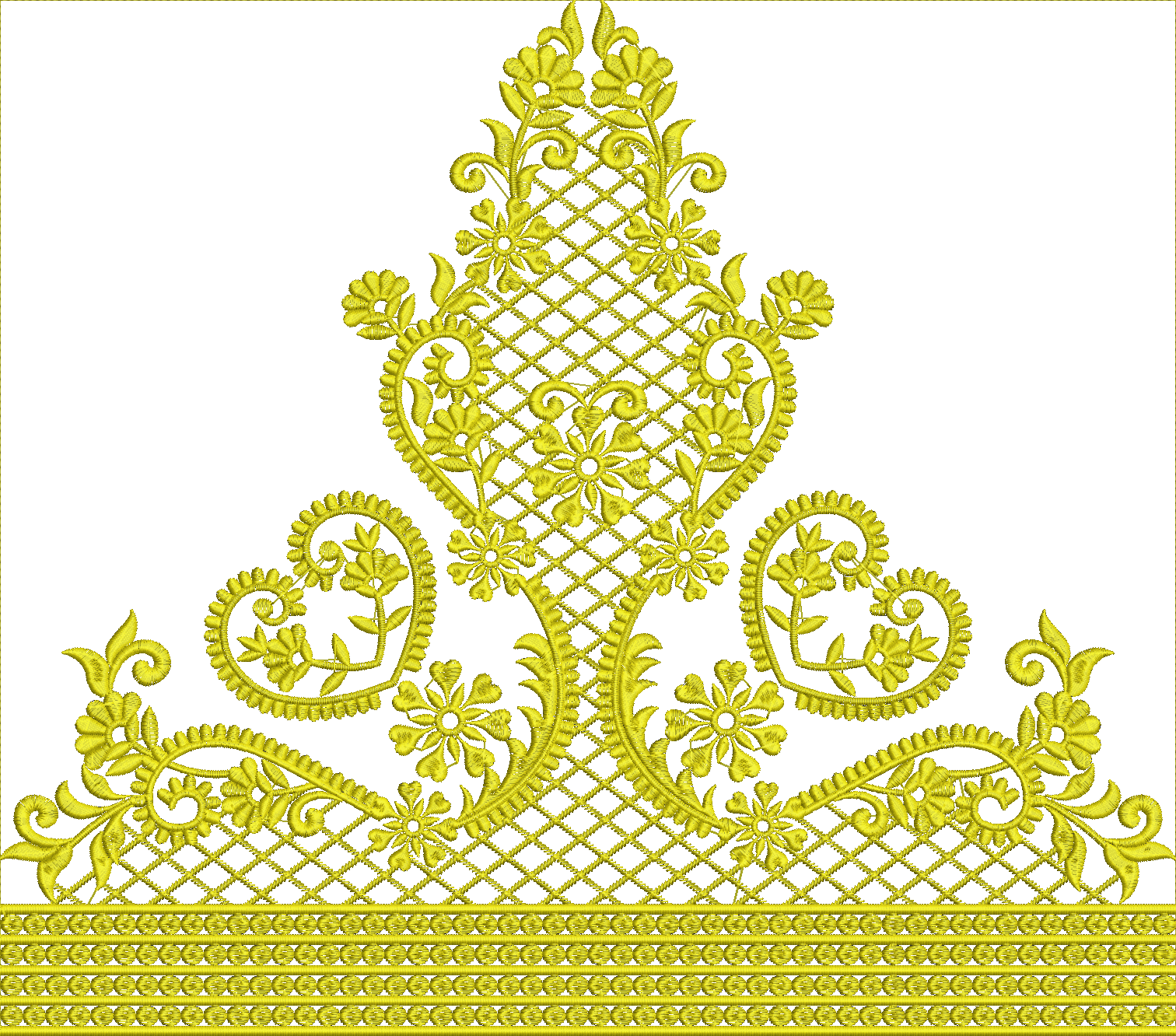 Embroidery design: A decorative yellow embroidery design featuring symmetrical floral and scrollwork motifs with a lace-like appearance, fo