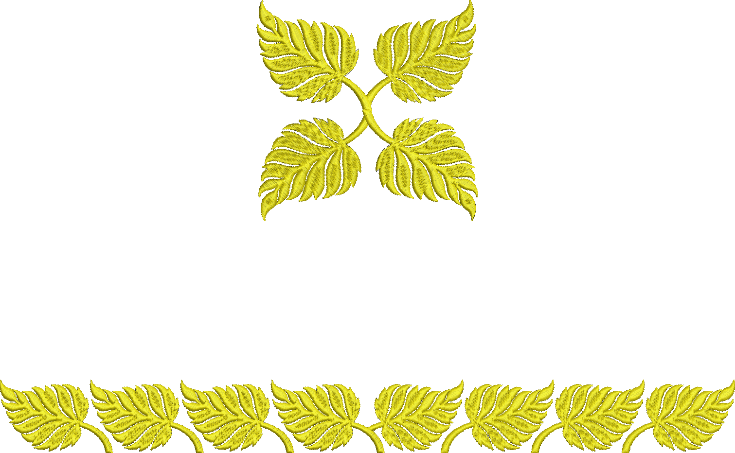 Embroidery design: A symmetrical embroidery design with a central motif of four golden-yellow leaves and a repeating horizontal border of l