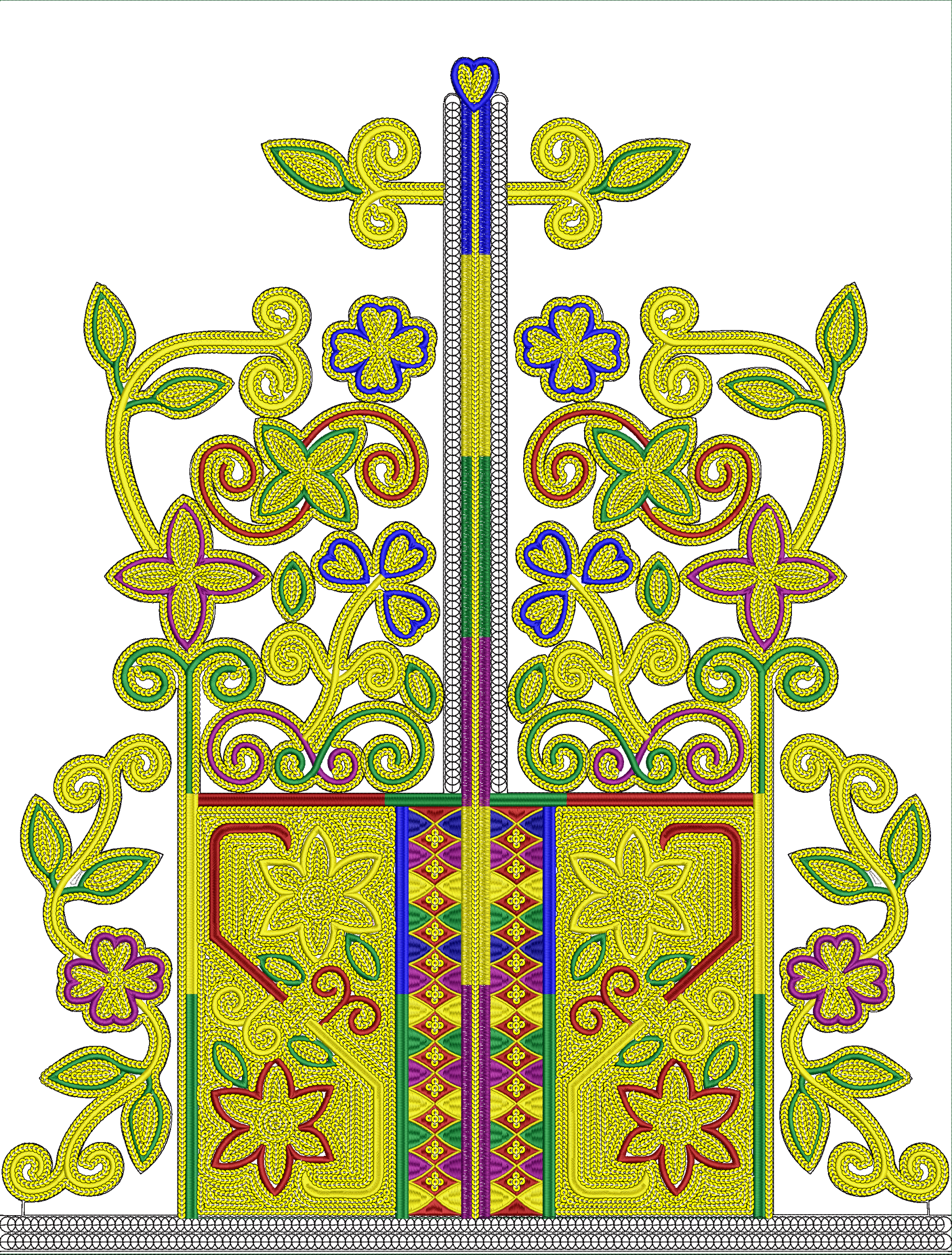 Embroidery design: A symmetrical ornamental embroidery design with yellow, green, blue, purple, and red threads. It features floral, leaf, 