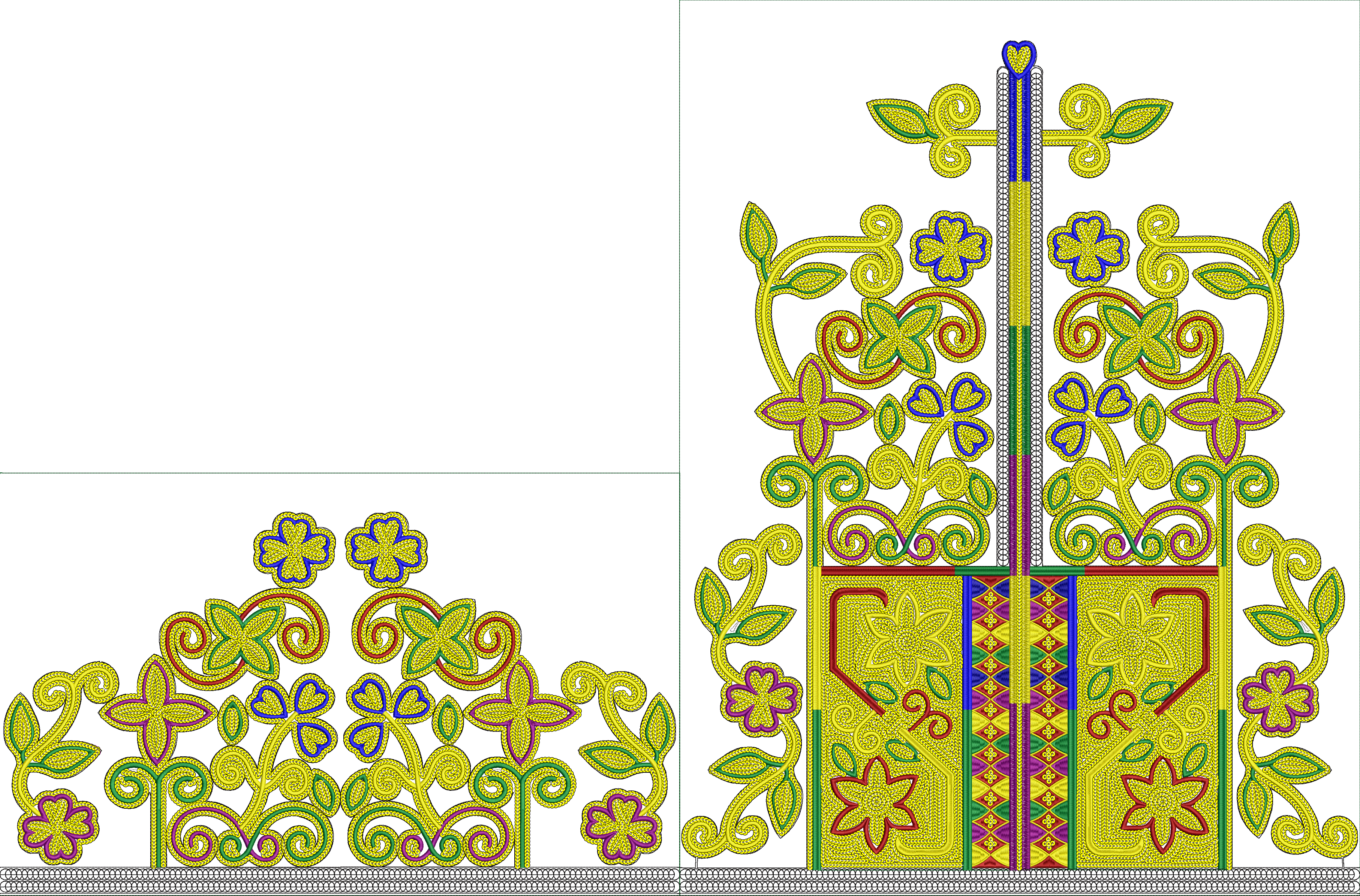 Embroidery design: A symmetrical embroidery design featuring a decorative border with yellow, green, red, blue, and purple floral and scrol