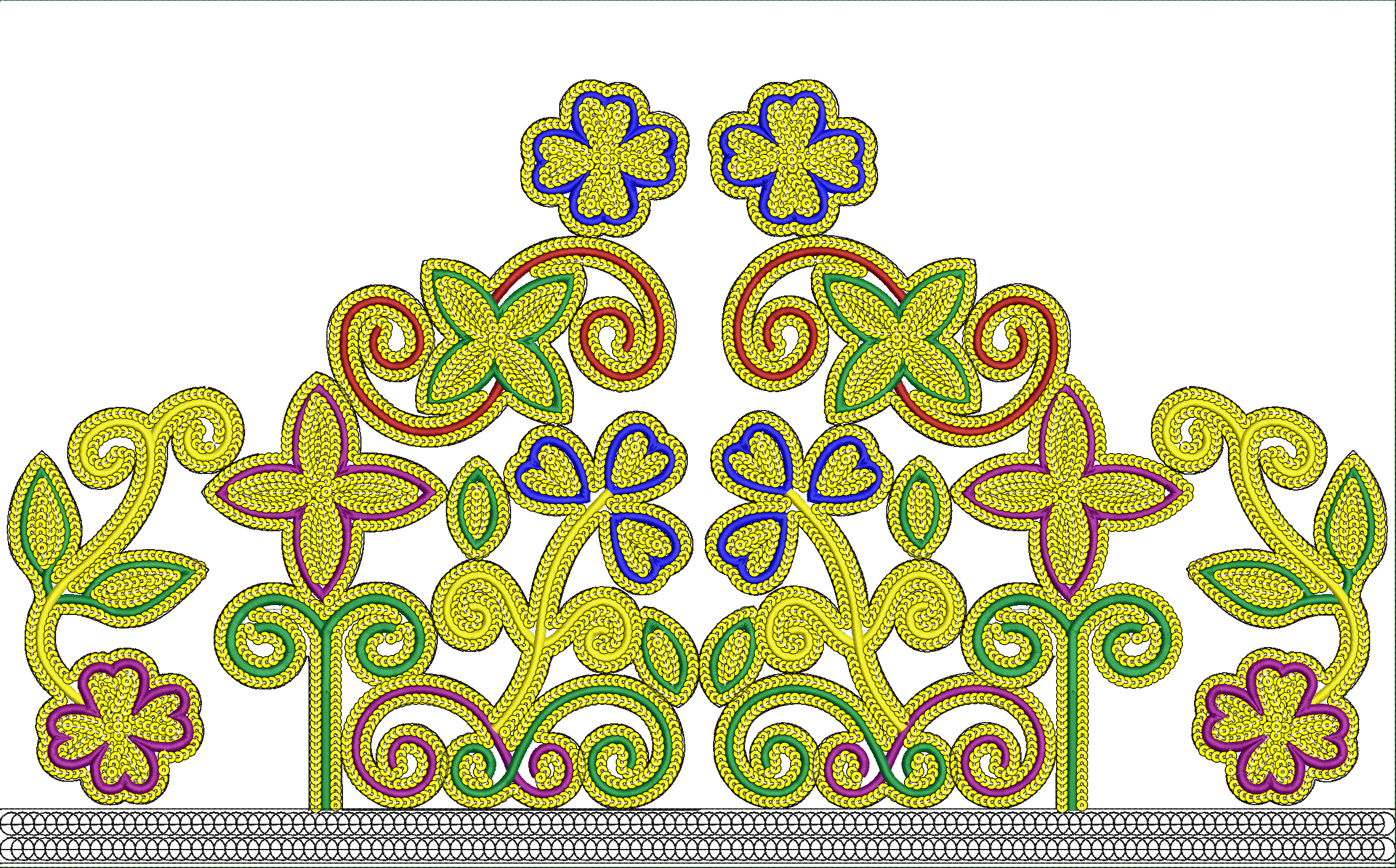 Embroidery design: A symmetrical, ornamental embroidery design featuring stylized yellow floral and scrollwork motifs with green, blue, red