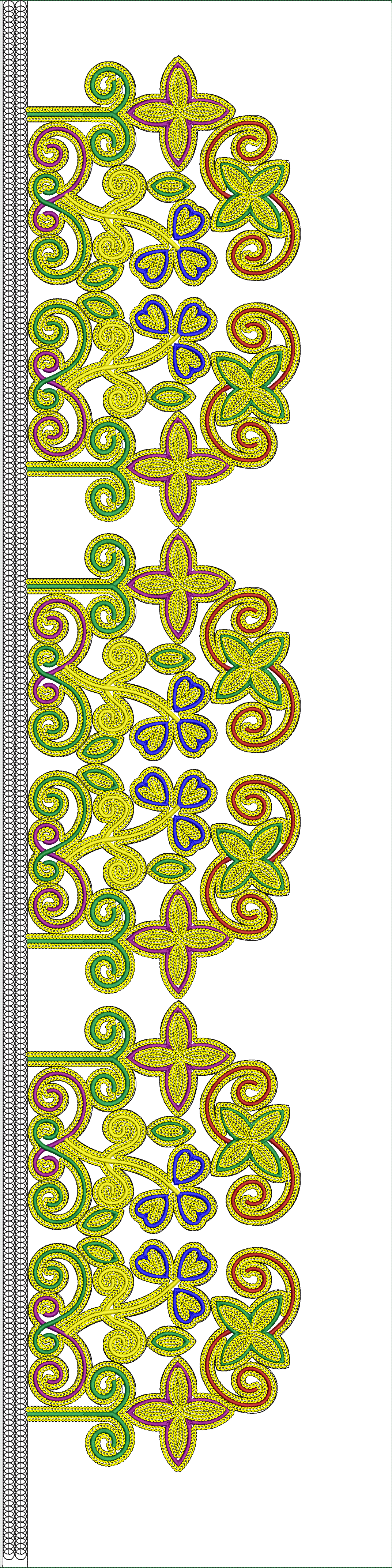 Embroidery design: A decorative border embroidery design with repeating symmetrical scrollwork and leaf motifs in yellow, green, purple, re