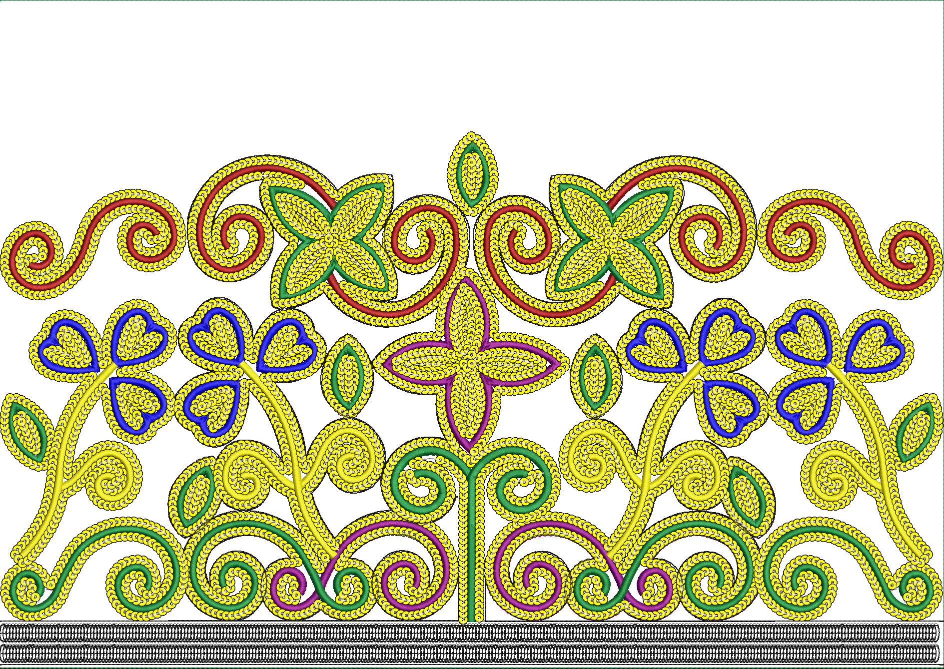 Embroidery design: An ornamental embroidery border design featuring yellow scrollwork with red, green, blue, and purple floral and leaf mot