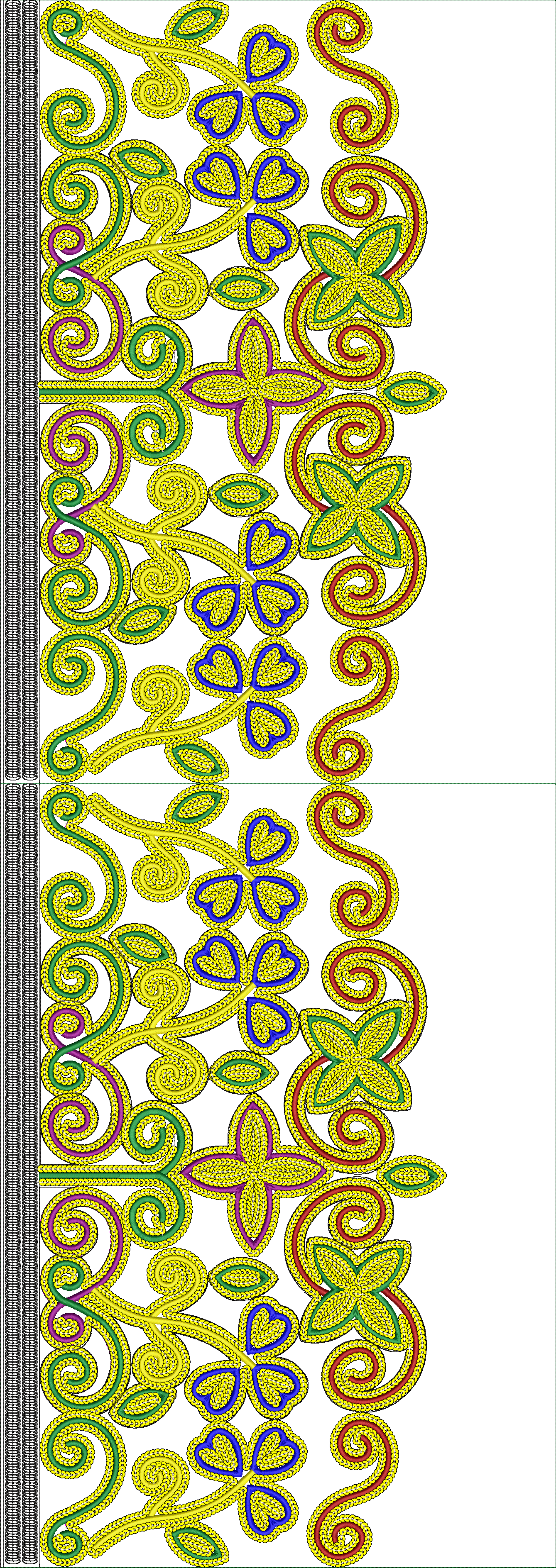Embroidery design: A decorative border embroidery design with repeating symmetrical floral and scrollwork motifs in yellow, green, blue, re