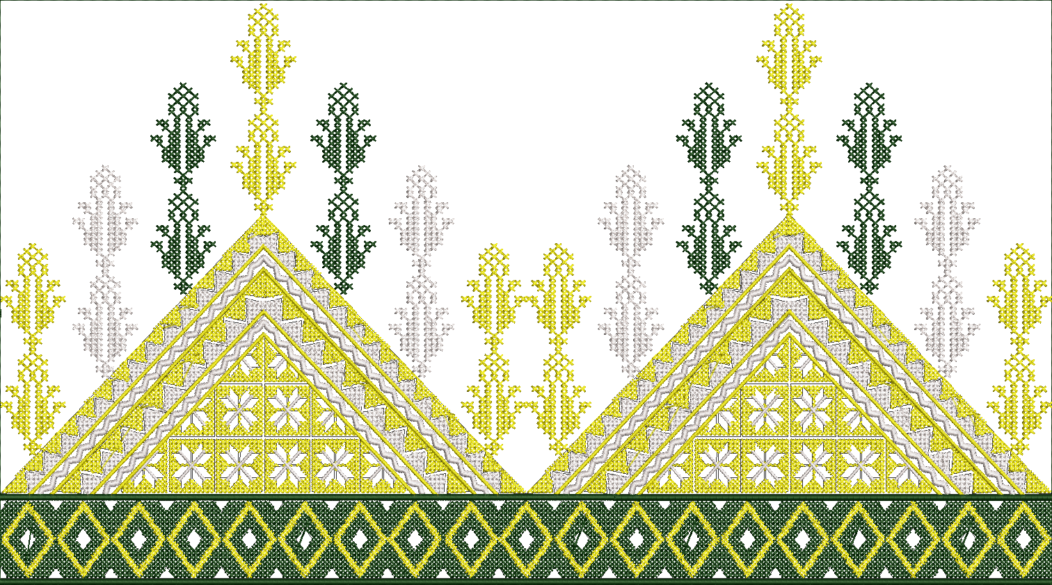Embroidery design: An ethnic and decorative embroidery design featuring layered triangular motifs with geometric and floral patterns in yel