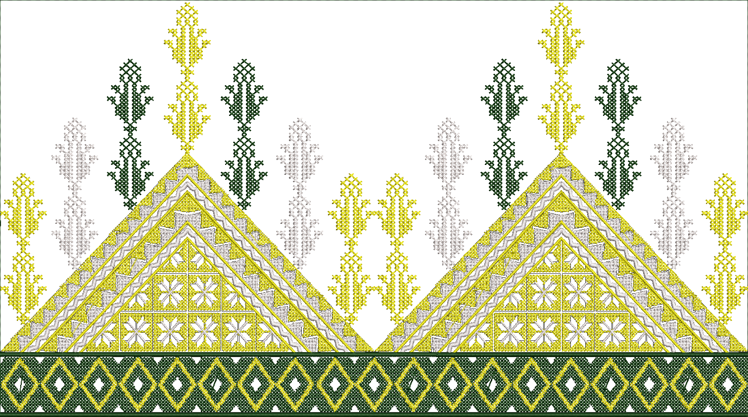 Embroidery design: A decorative embroidery design featuring a geometric border with diamond patterns in dark green and yellow, and above it