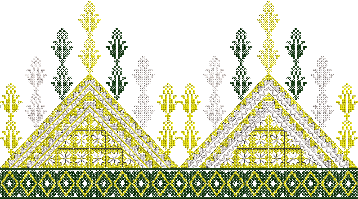 Embroidery design: A decorative embroidery border design featuring symmetrical geometric triangular motifs in yellow, white, and silver, wi