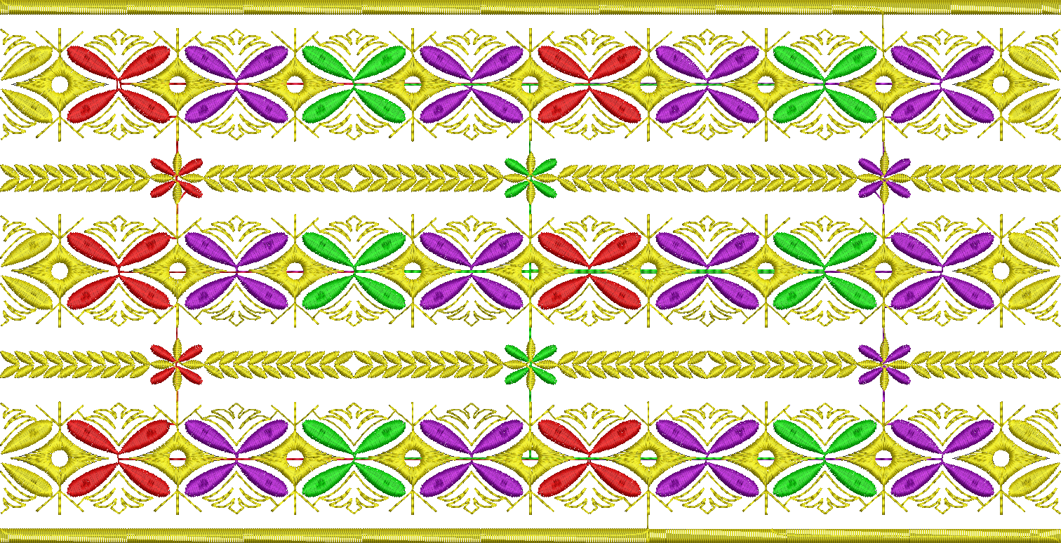 Embroidery design: A decorative and ornamental embroidery design featuring a repeating, symmetrical border with stylized floral motifs in r
