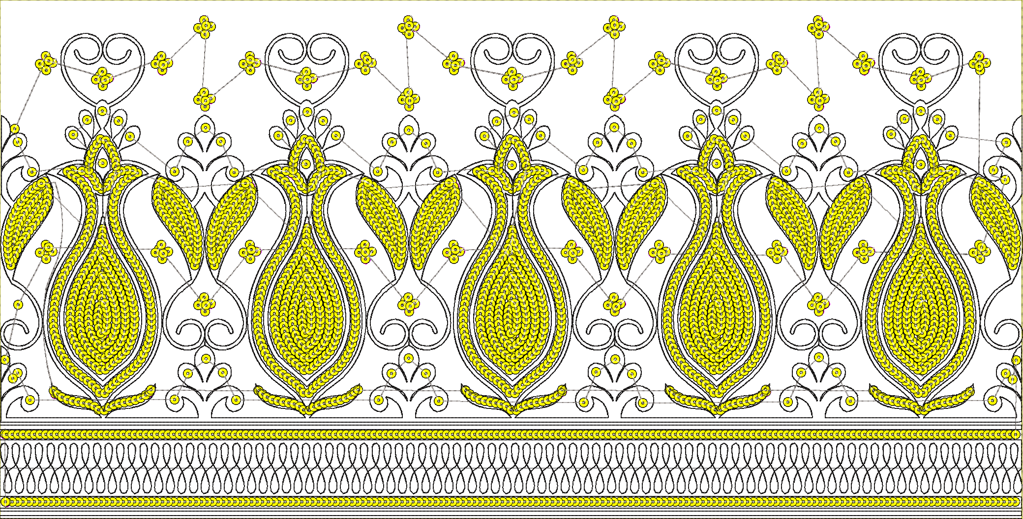 Embroidery design: A symmetrical, repeating yellow and black border design with floral and geometric motifs, featuring stylized tulip shape