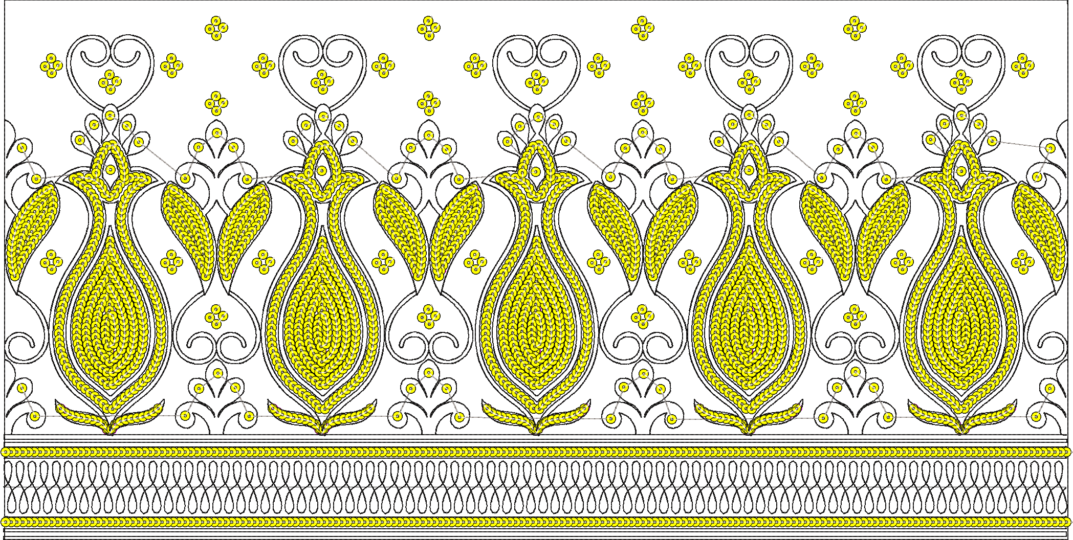 Embroidery design: A decorative yellow and black border design with repeating symmetrical floral and vine motifs.
