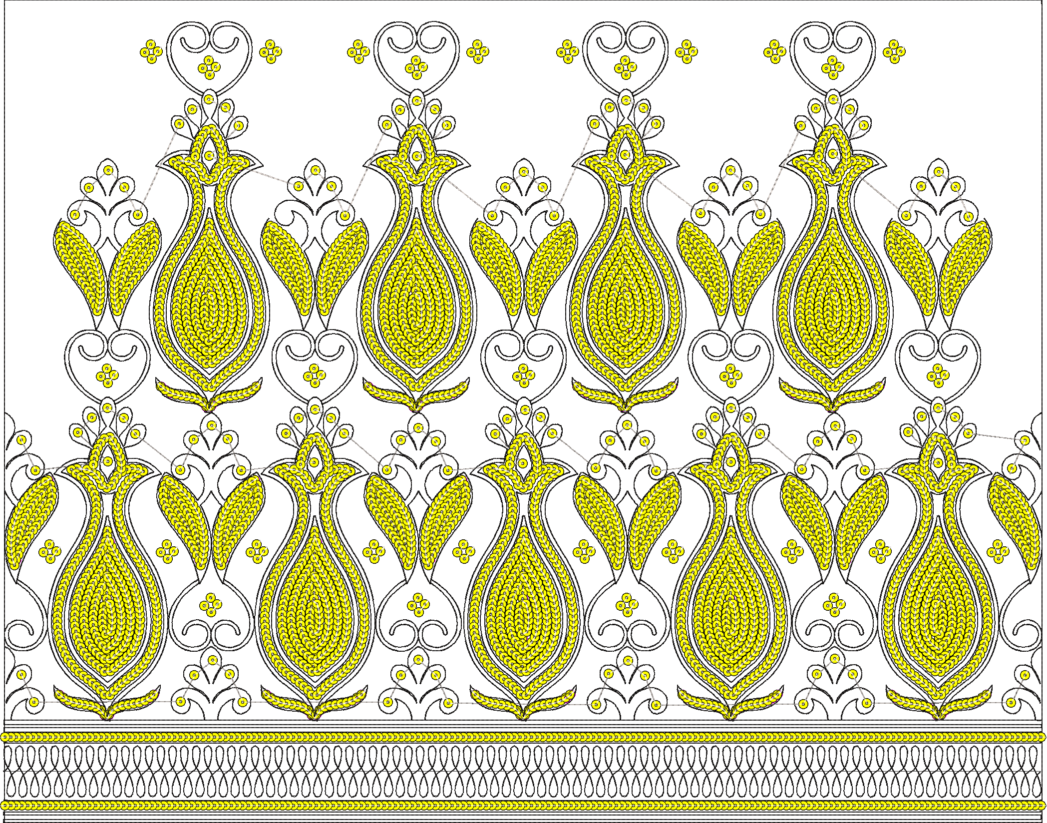 Embroidery design: A symmetrical yellow and black decorative border embroidery design with repeating paisley and floral motifs on a white b