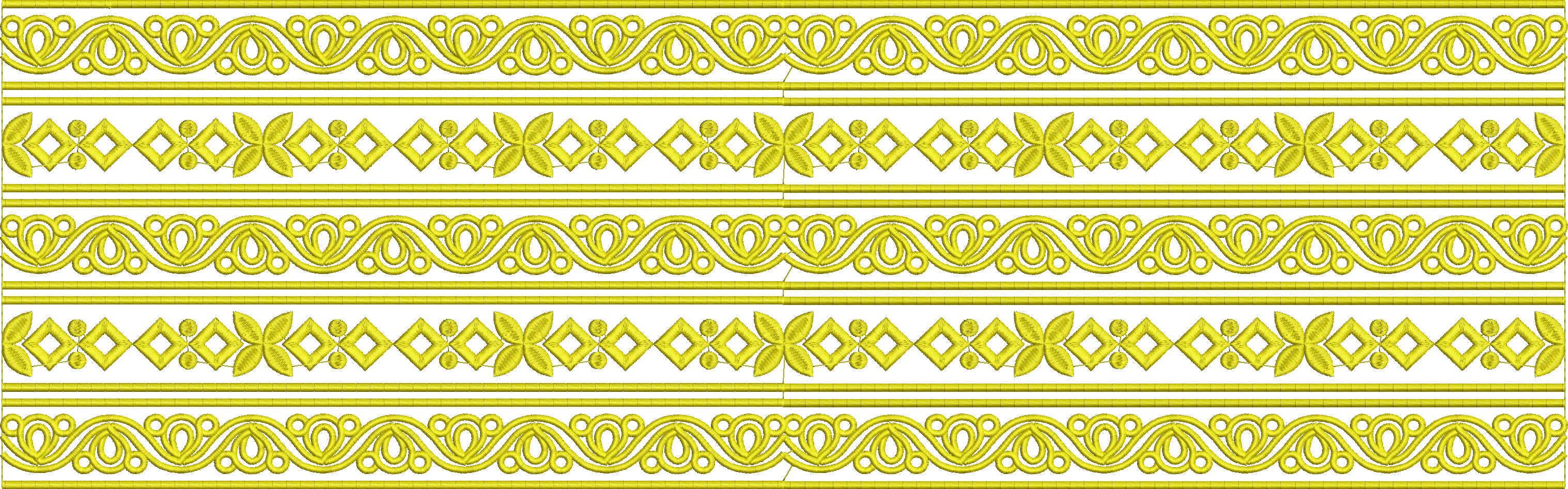 Embroidery design: A set of alternating yellow embroidery borders, one with scrollwork and stylized floral/leaf elements, the other with a 