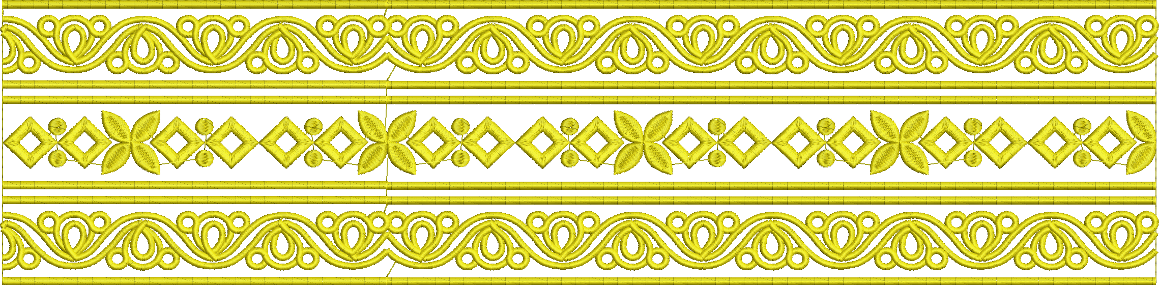 Embroidery design: A decorative gold embroidery border design with repeating ornamental and geometric scrollwork patterns.