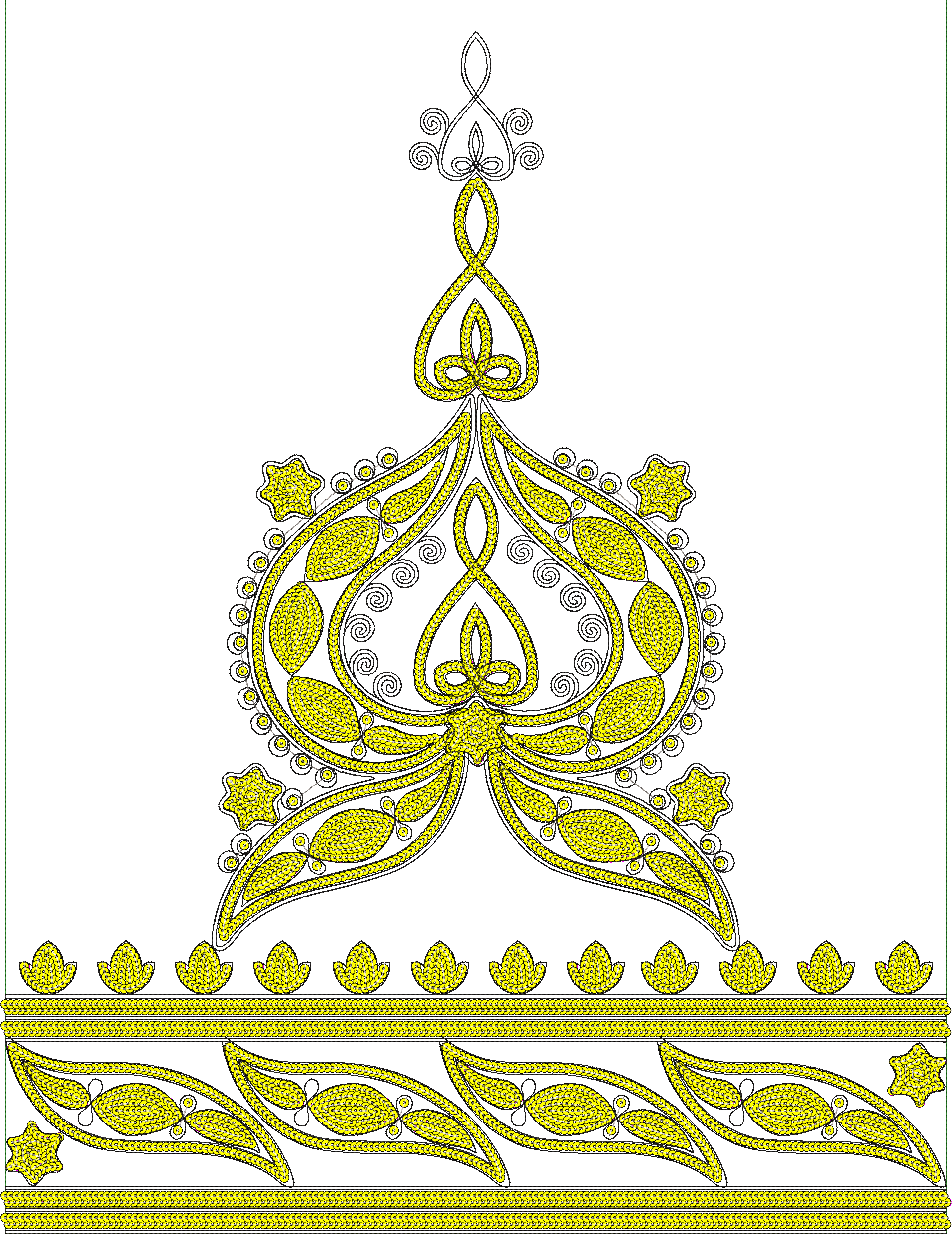 Embroidery design: A decorative embroidery design with yellow and black colors, featuring symmetrical, ornamental motifs that resemble styl