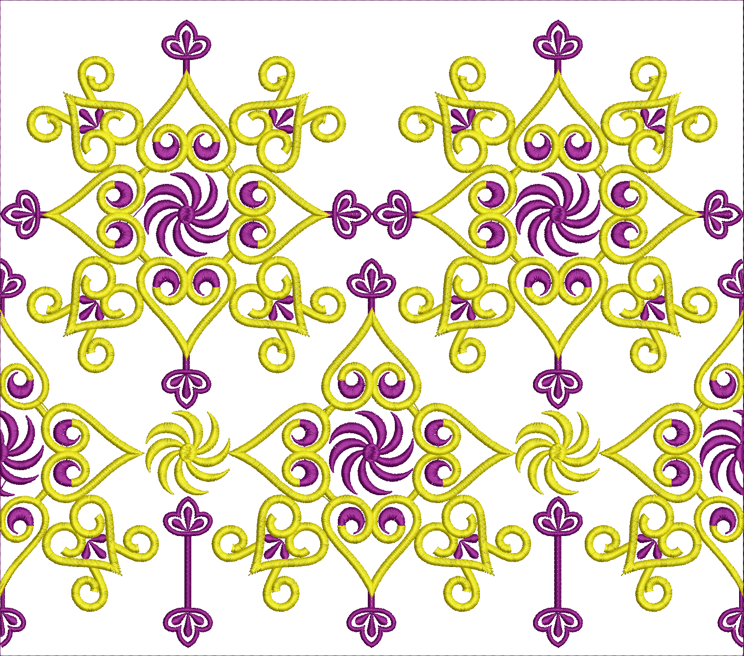 Embroidery design: A decorative and ornamental embroidery design featuring a repeating border pattern. The design consists of yellow scroll