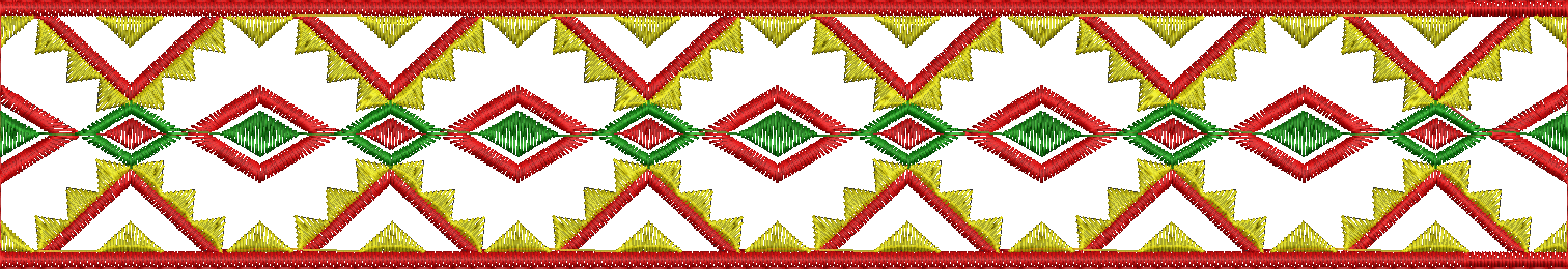 Embroidery design: A decorative, repeating, and symmetrical border design with geometric patterns in red, green, and yellow, suitable for t