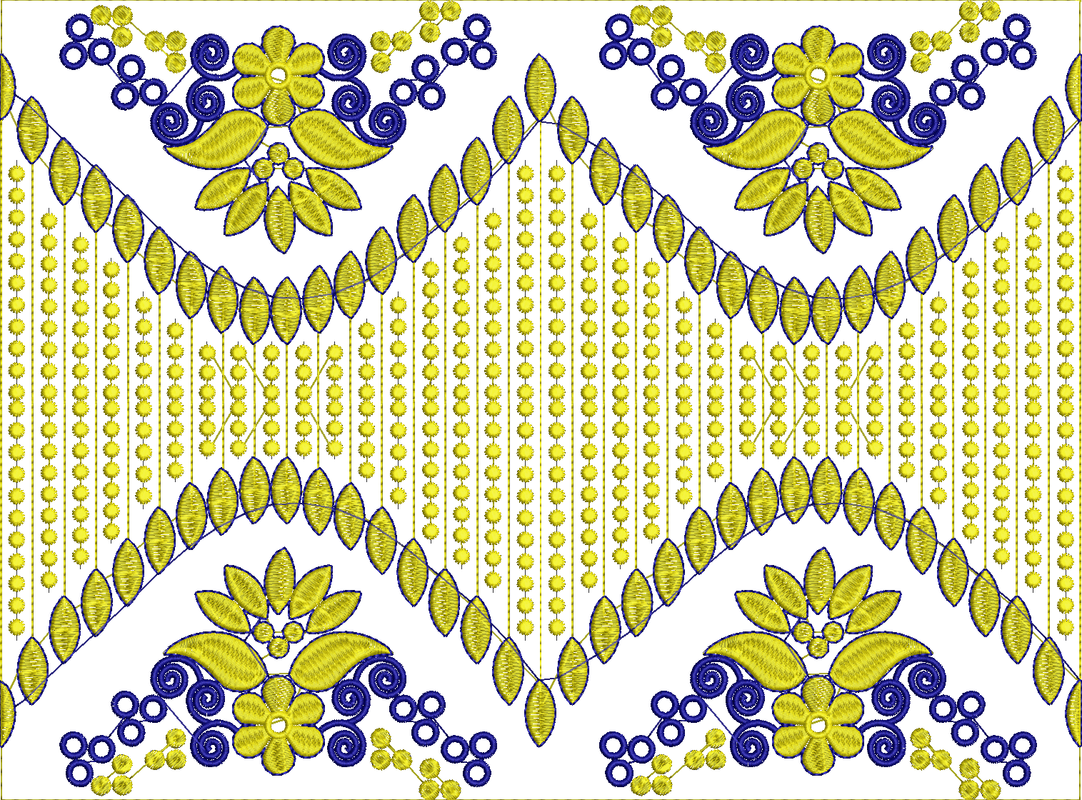 Embroidery design: A decorative embroidery design featuring repeating symmetrical floral and geometric motifs in blue and yellow.