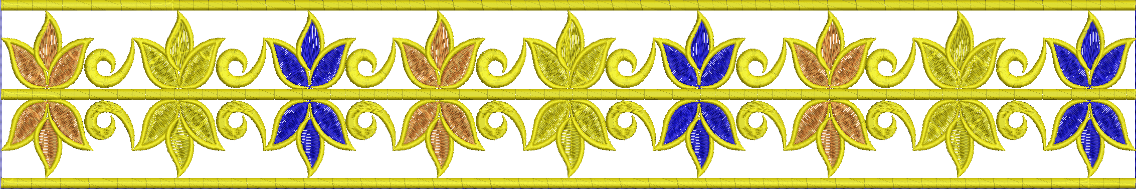 Embroidery design: A repeating decorative border with stylized yellow and blue flowers and scrollwork, accented with brown in some petals. 