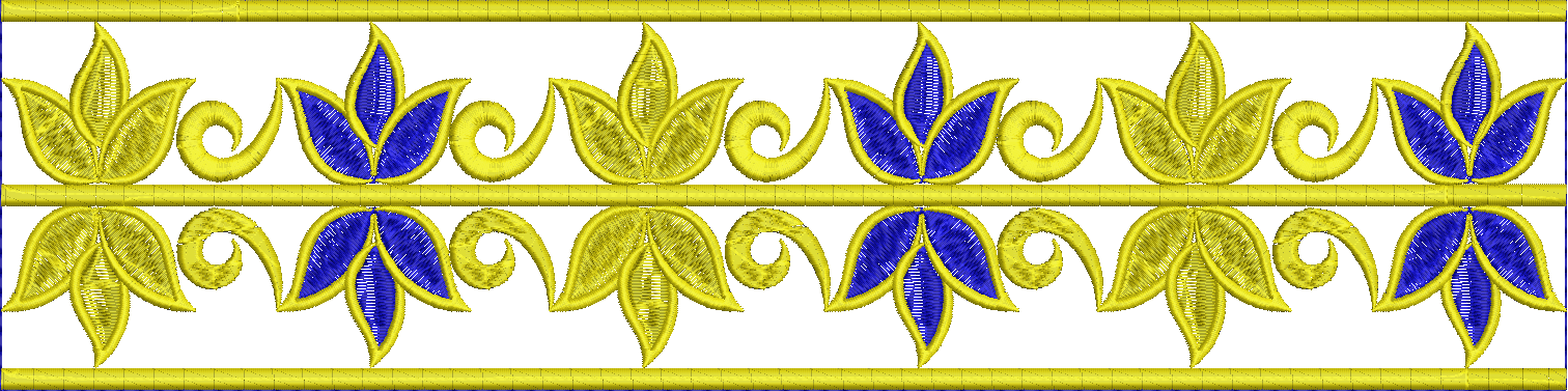 Embroidery design: A repeating horizontal border embroidery design featuring stylized gold lotus blossoms with royal blue centers, outlined