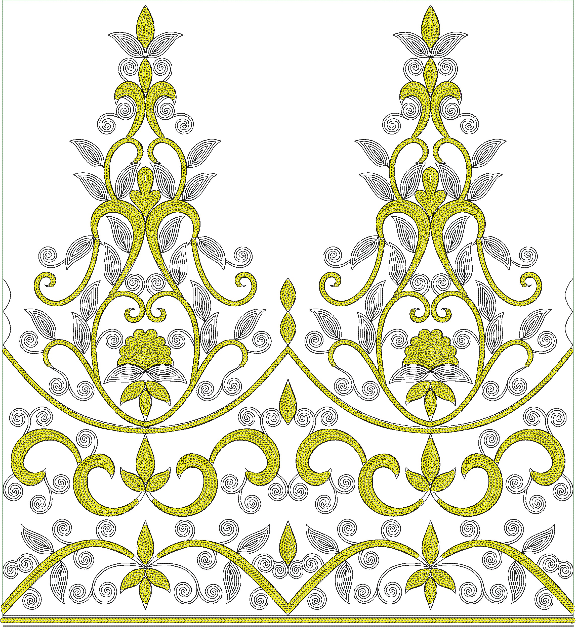 Embroidery design: A symmetrical ornamental embroidery border design featuring yellow scrollwork, vines, and floral motifs with black outli