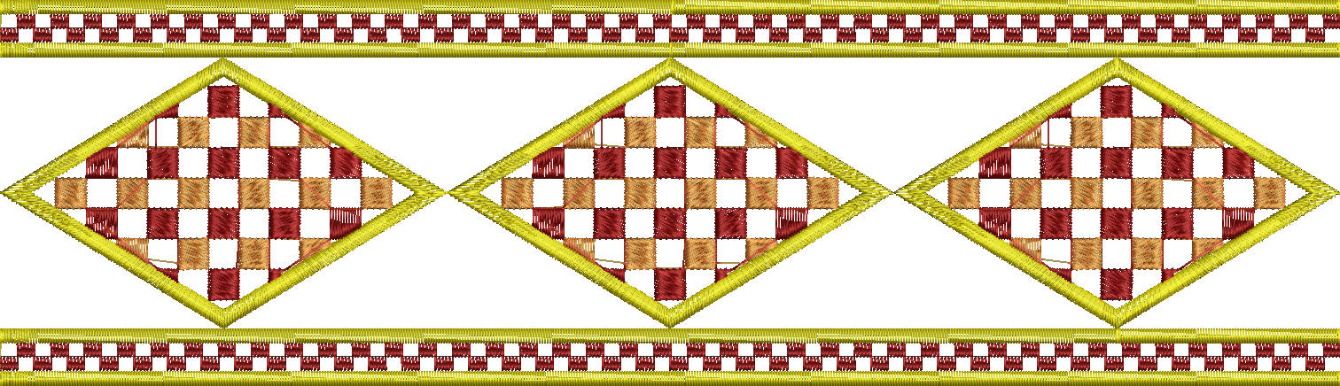 Embroidery design: A decorative embroidery border with repeating diamond shapes filled with a red and tan checkerboard pattern, outlined in