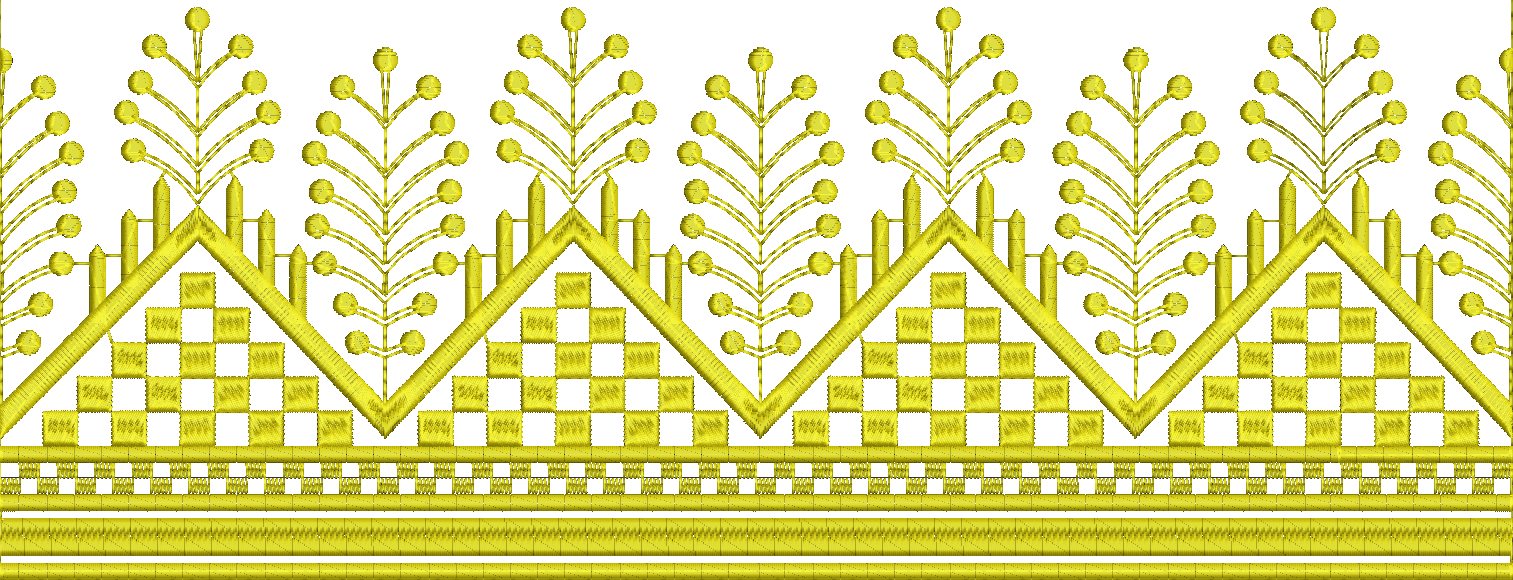 Embroidery design: A yellow embroidery border design with geometric patterns including diamonds and checkered squares, interspersed with st